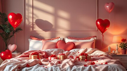 Romantic bedroom decorated for celebration with heart balloons and gifts.