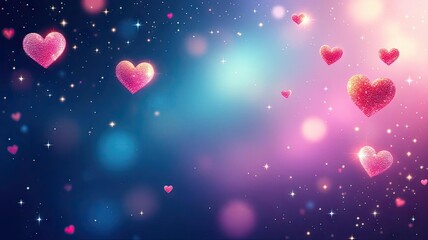 Romantic glowing pink hearts floating in a dreamy bokeh background with sparkling lights.