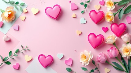 Beautiful pink hearts and delicate roses scattered on a soft pink background.