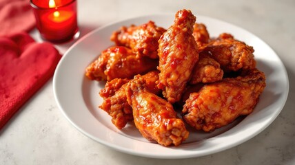 Appetizing Buffalo Chicken Wings Served on a Plate with Romantic Candle and Red Cloth.