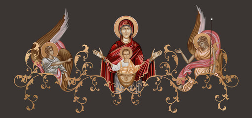 Fototapeta premium Inexhaustible Cup. Blessed Virgin Mary and Jesus Christ. Decorative vintage border with angels, illustration in Byzantine style