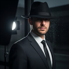Man wearing black fedora, classic European style, elegant suit, cinematic lighting