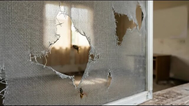 Wasps flying near and through a torn window screen, depicting damage and a common household failure.