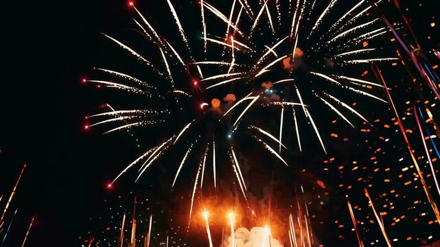 Golden pyrotechnic salute show with falling shiny sparkles. A concept of festival victory event and grand wedding anniversary party atmosphere, 4K video footage clip.
