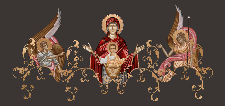 Inexhaustible Cup. Blessed Virgin Mary and Jesus Christ. Decorative vintage border with angels, illustration in Byzantine style