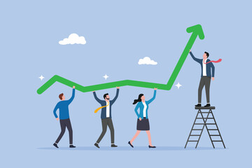 Fototapeta premium Businessman and woman employee team help grow rising arrow chart, team collaboration to grow business success, growth strategy, teamwork or partnership to develop or improve work efficiency concept.