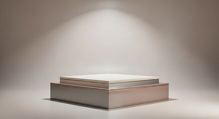 Empty wooden podium base illuminated by a glowing spotlight, ideal for showcasing new products or achievements with a touch of sophistication and minimalist design