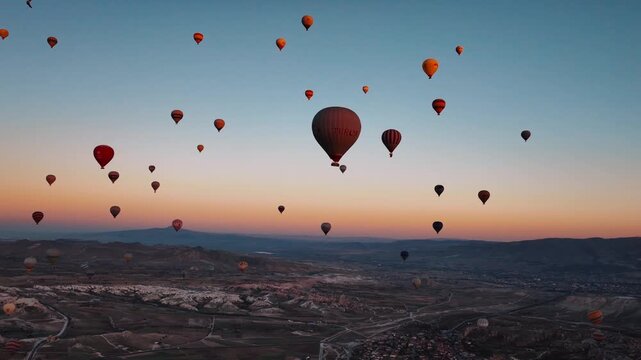 Hot air balloons floating above the iconic fairy chimneys and rock formations of Cappadocia, Turkey, during sunrise.