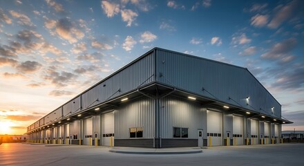 Fototapeta premium Modern industrial warehouse under clear sky during sunset