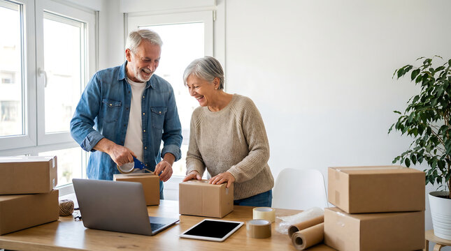 Senior couple packing moving boxes at home with laptop and tape for relocation downsizing and online shipping home office lifestyle teamwork and new beginnings