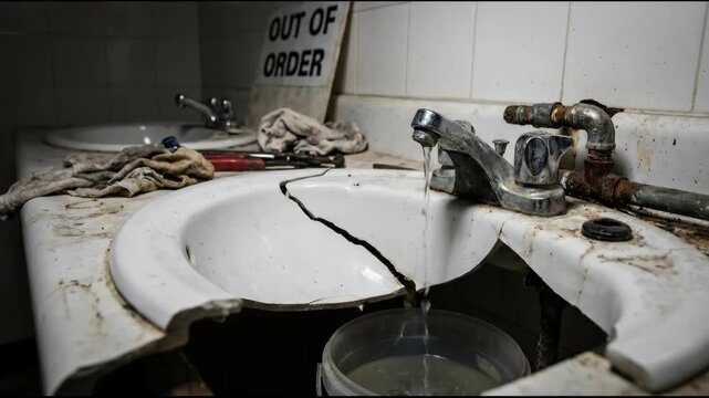 Running water from a damaged faucet into a bucket under a broken ceramic sink with an out of order sign. Plumbing failure.