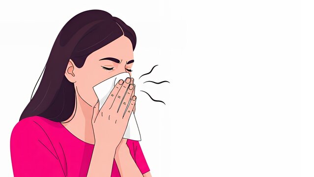 Woman Sneezing into Tissue on White Background Illustration