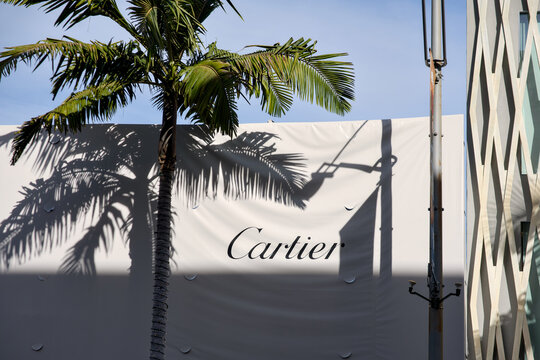 Cartier luxury jewelry store facade with palm tree shadow in Beverly Hills California on November 27 2025
