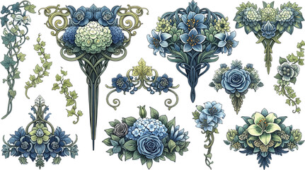 Blue and green floral with ornate details on white background flowers © Graphic Shops