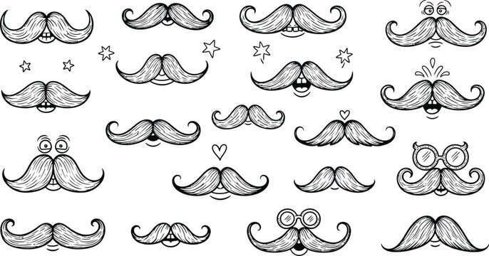 Cartoon mustache faces with various expressions and accessories