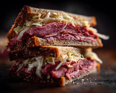 Delicious stacked deli sandwich with generous layers of seasoned meat and fresh coleslaw on toasted rye bread, captured with cinematic lighting and rich detail