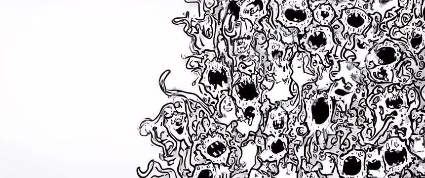 Playful black and white doodles come alive with gentle swaying motion; the camera slowly pans across the whimsical, abstract art, creating a vibrant, cinematic atmosphere.