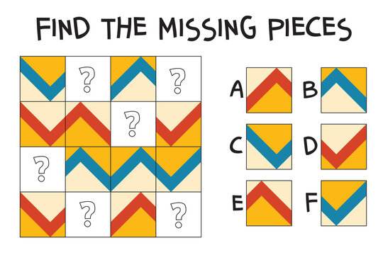 Find the piece puzzle. Complete the tiled pattern by choosing the correct square for each blank. Bright chevron grid that trains attention, pattern recognition, and spatial reasoning. Printable worksh