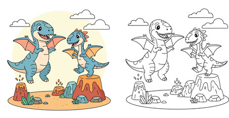 Cute cartoon dinosaurs playing in prehistoric landscape. Happy flying pterodactyls near volcanoes with clouds. Vector illustration for children nursery art and education. © MstSangita
