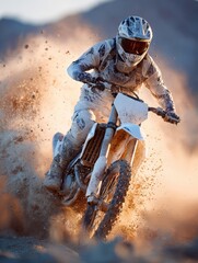 Camera follows a motocross rider leaning into a sharp turn, warm light illuminating the desert as super slow motion captures dirt particles suspended around the bike and distant mountains.