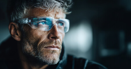 Obraz premium Portrait of a futuristic man wearing smart AR glasses while operating high-tech holographic control panels, digital data reflected in the visor, symbolizing advanced technology