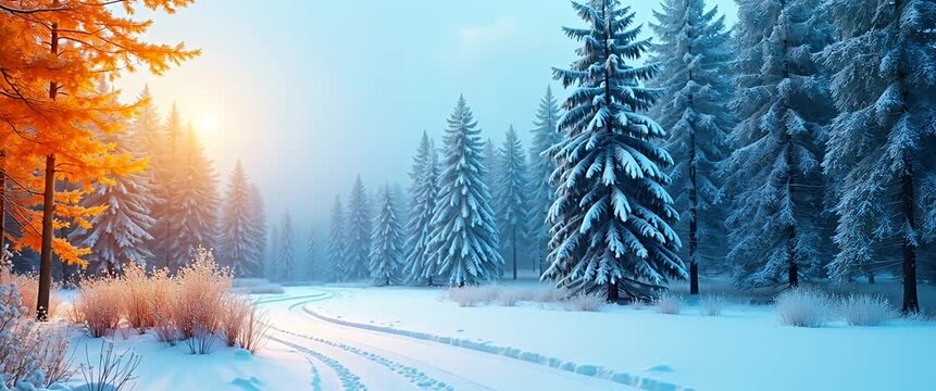 Serene winter forest with snow-laden trees, gentle sunlight filtering through, as the camera slowly pans, capturing the tranquil scene in a cinematic, atmospheric style.