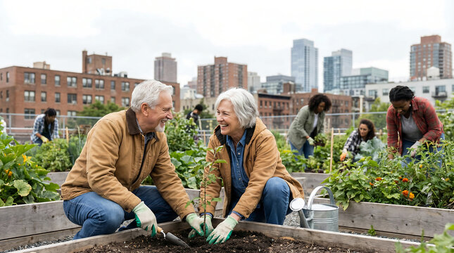 Happy older couple gardening in rooftop community garden with diverse volunteers city background active seniors teamwork urban farming and sustainable living