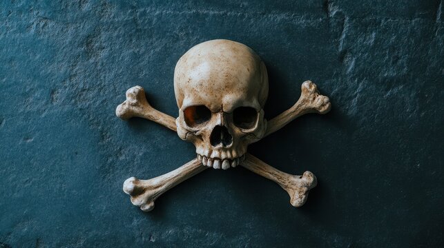 A human skull and crossbones against a dark background, symbolizing mortality and danger.