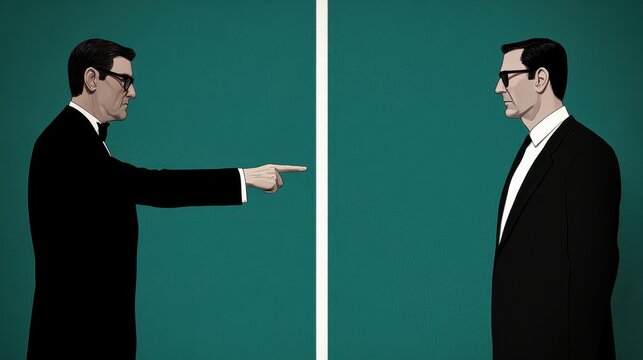 Two men in formal attire confront each other against a teal background, one pointing an accusatory finger while the other remains calm in a minimalist style.