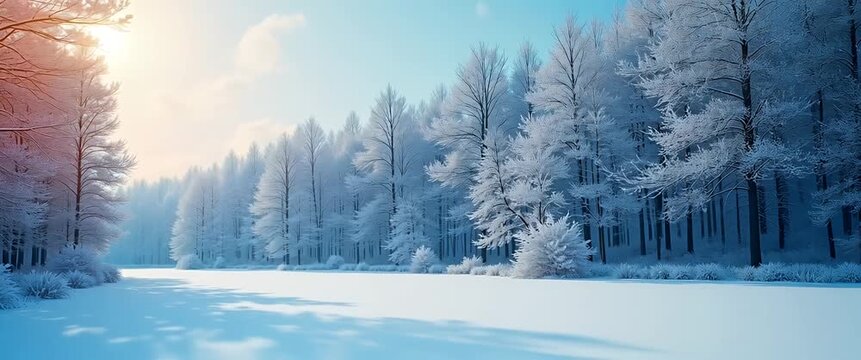Majestic winter forest with snow-laden trees gently swaying, as the camera pans slowly across the serene landscape under a warm sunrise glow, in a cinematic, tranquil style.