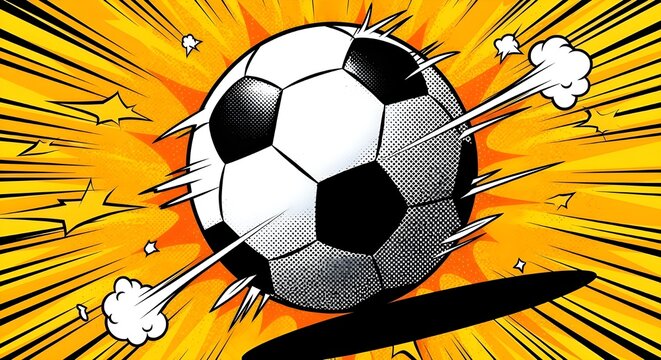 A dynamic comic style illustration of a soccer ball in motion with speed effects