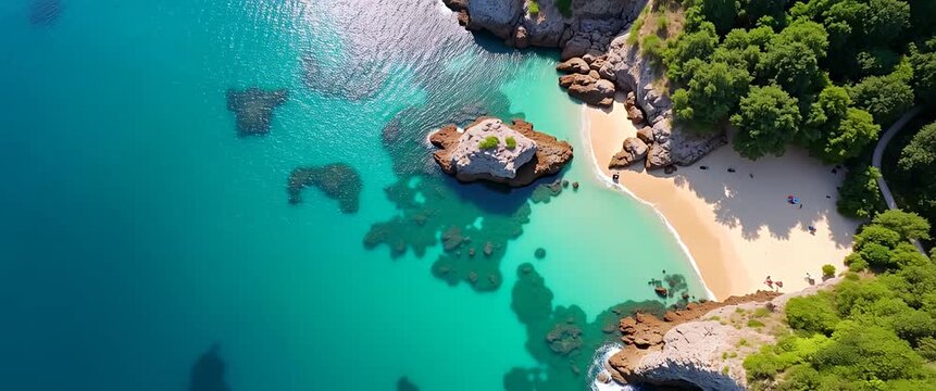 Aerial view of a serene tropical beach with gentle waves lapping at the shore, camera slowly panning over turquoise water and lush green cliffs, cinematic and tranquil.