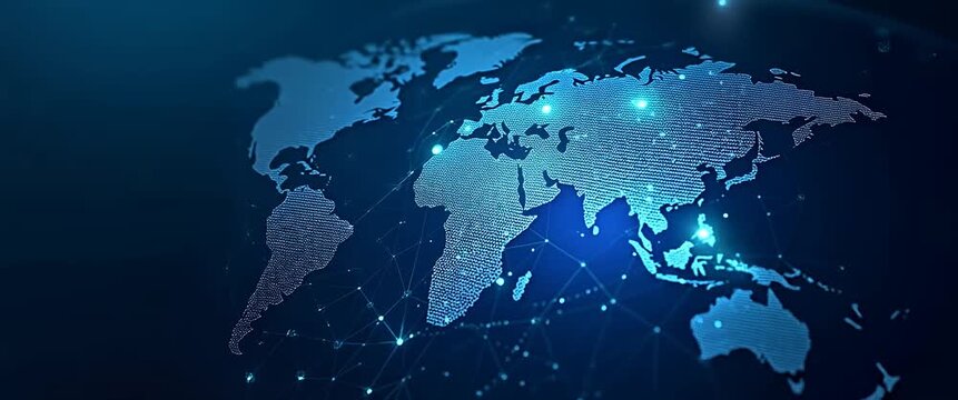 Digital world map with glowing network connections animates gently, as the camera slowly pans across, highlighting global connectivity in a sleek, futuristic style.
