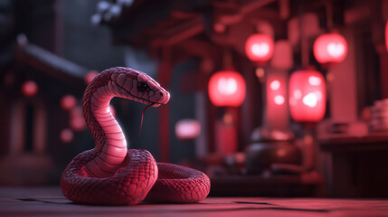 Fototapeta premium A pink snake coils on a wooden surface, illuminated by glowing red lanterns in a mystical atmosphere.