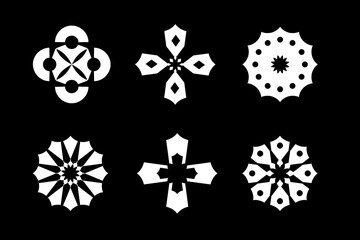 Set of Design Elements and Abstract Icons on Black Background.