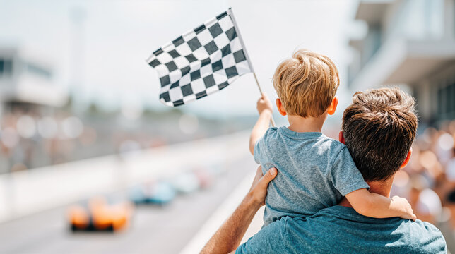 father holding his child while the child waves a checkered flag at a race track, showing family bonding, excitement and motorsport atmosphere