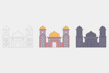 Obraz premium Mosque illustration with three different styles. Majestic mosque with a combination of gray, red, and orange colors. Ramadan theme, vector illustration.
