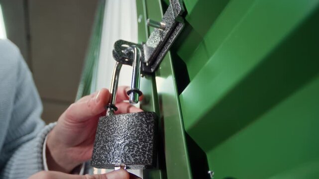 Close up view of hands of anonymous man unlocking and removing metal padlock from green storage unit door