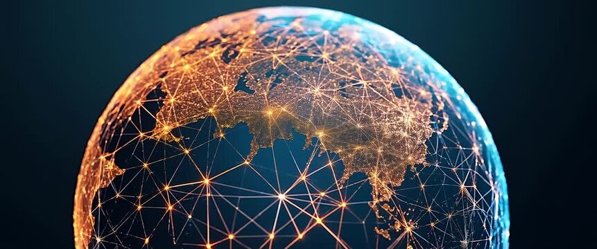 Glowing digital network connections spread across a rotating globe, with a slow zoom-out revealing a vibrant, interconnected world in a futuristic, cinematic style.