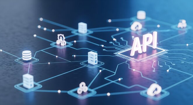 API Integration Concept with Digital Network Connections, Software Development and Data Exchange System, Cloud Computing, Web Services, Programming Technology and Modern IT Infrastructure