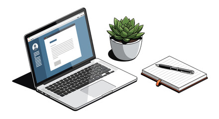 Isometric vector illustration of a modern laptop, notepad, and plant