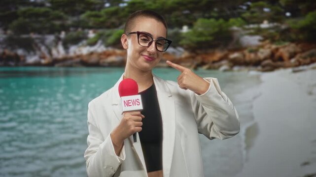 Woman holding red microphone labeled news points index finger to cheek while smiling at camera on a sandy beach cove wearing glasses white blazer black crop top; broadcast confidence.