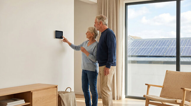 Senior couple using smart thermostat in modern minimalist home with solar panels outside sustainable energy efficient living smart home technology and retirement lifestyle