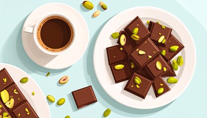 Delicious chocolate dessert with pistachios and coffee
