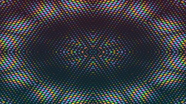 Vibrant kaleidoscopic dot mosaic forming a circular floral starburst with radiant symmetry. in color