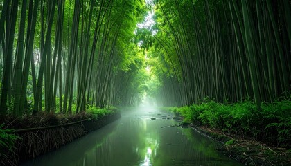 Fototapeta premium Serene river path winding through a misty green bamboo forest