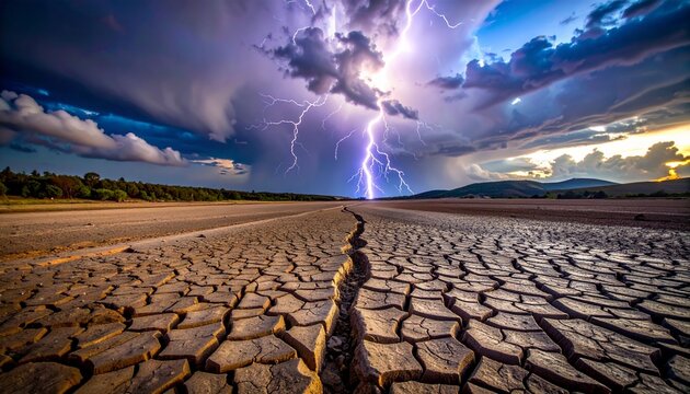 Powerful lightning storm over dry cracked earth in a desolate landscape
