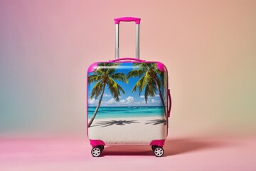 Pink travel suitcase with tropical beach and palm tree print on pastel pink background. Concept of summer vacation, creative travel and tourism