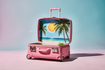 Pink travel suitcase with tropical beach and palm tree print on pastel pink background. Concept of summer vacation, creative travel and tourism