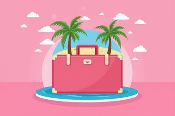 Pink travel suitcase with tropical beach and palm tree print on pastel pink background. Concept of summer vacation, creative travel and tourism